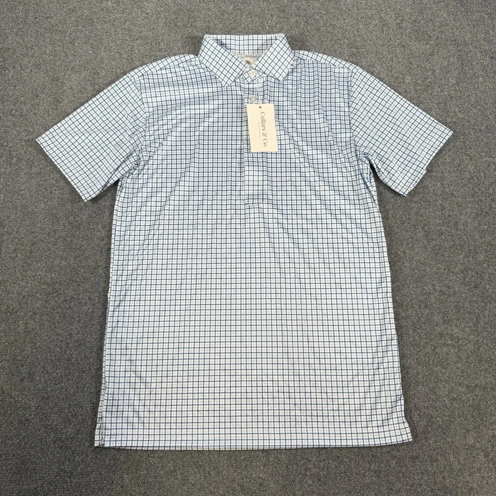 Collars and Co Polo Shirt Mens Small Blue Check Dress Collar Short Sleeve New‎ - Picture 2 of 11
